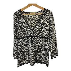 Michael Kors Large Womens Cheetah Print Sweater Top 3/4 Sleeve Black Mobwife